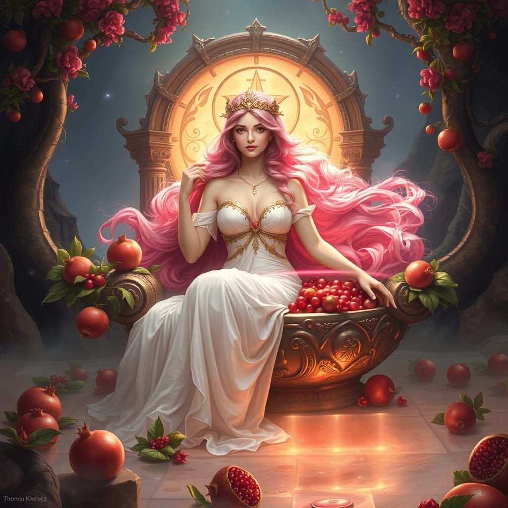 Ethereal Goddess of the Underworld in a Pomegranate Throne