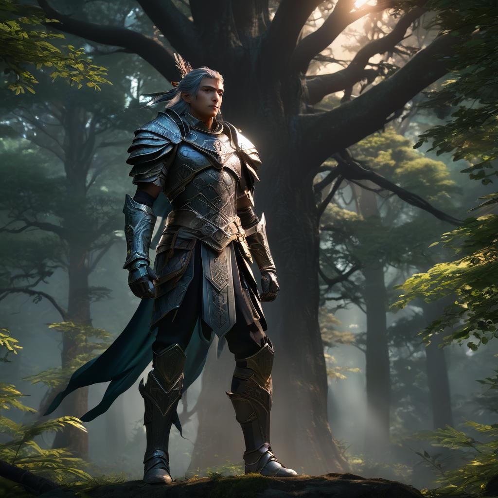 Anime Warrior in Mystical Forest: 3D Render