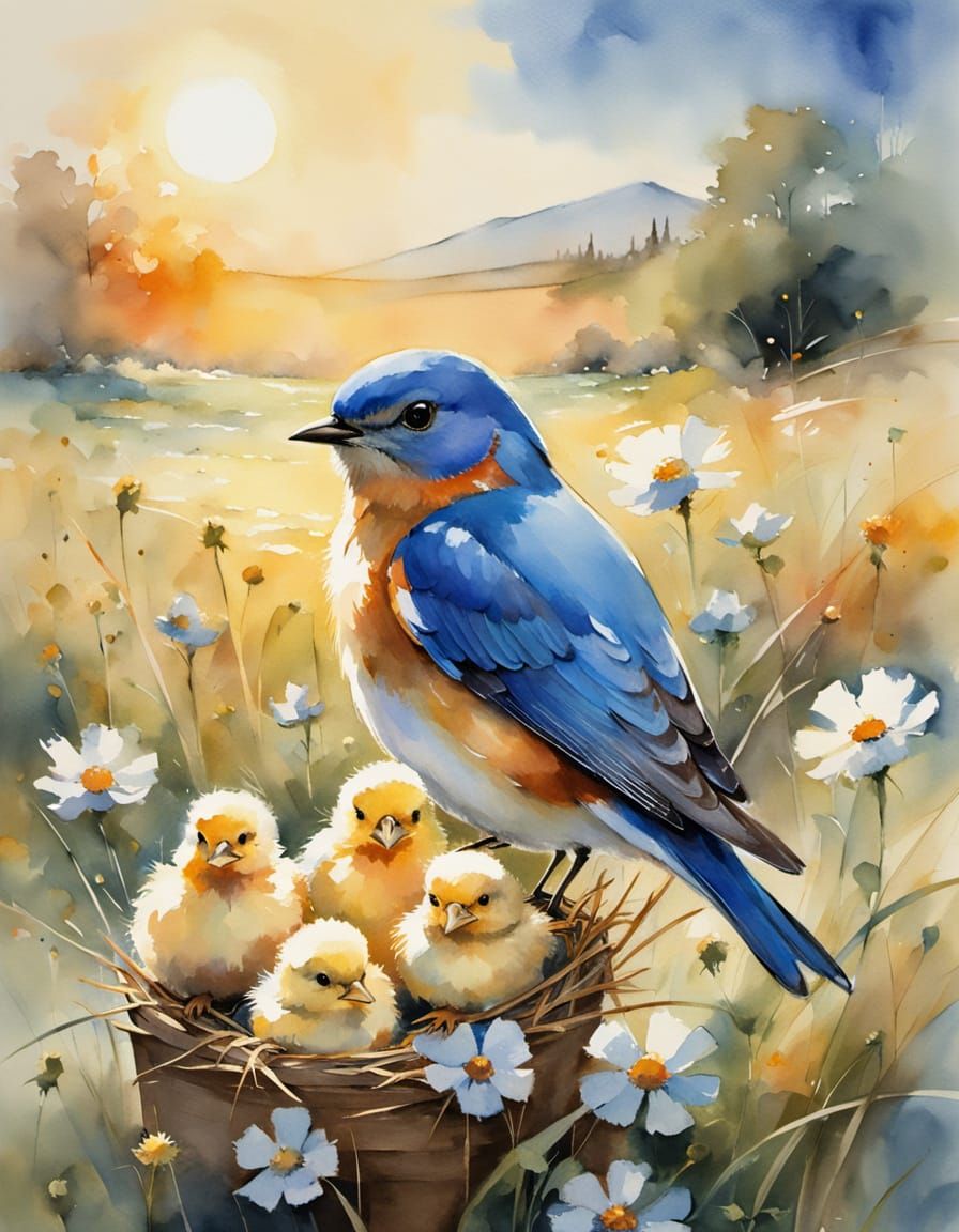 Vibrant Bluebird Family in a Sun-Drenched Meadow