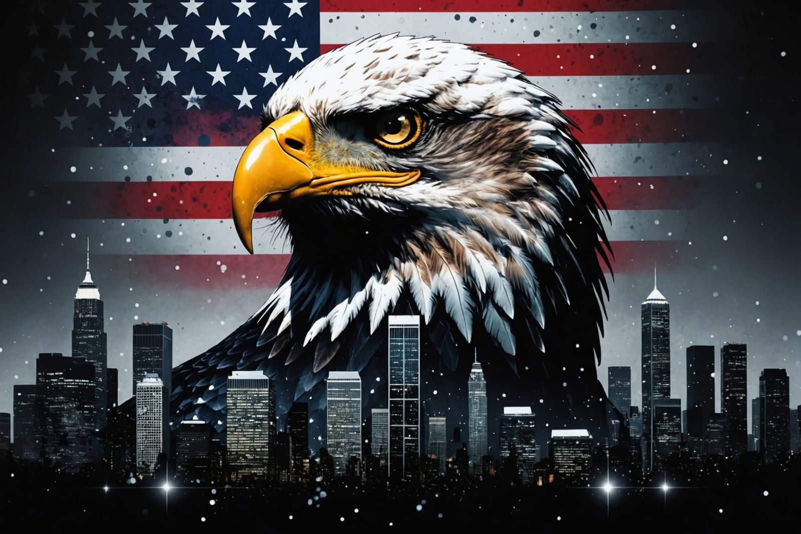 American Flag Double Exposure With Eagle Silhouette