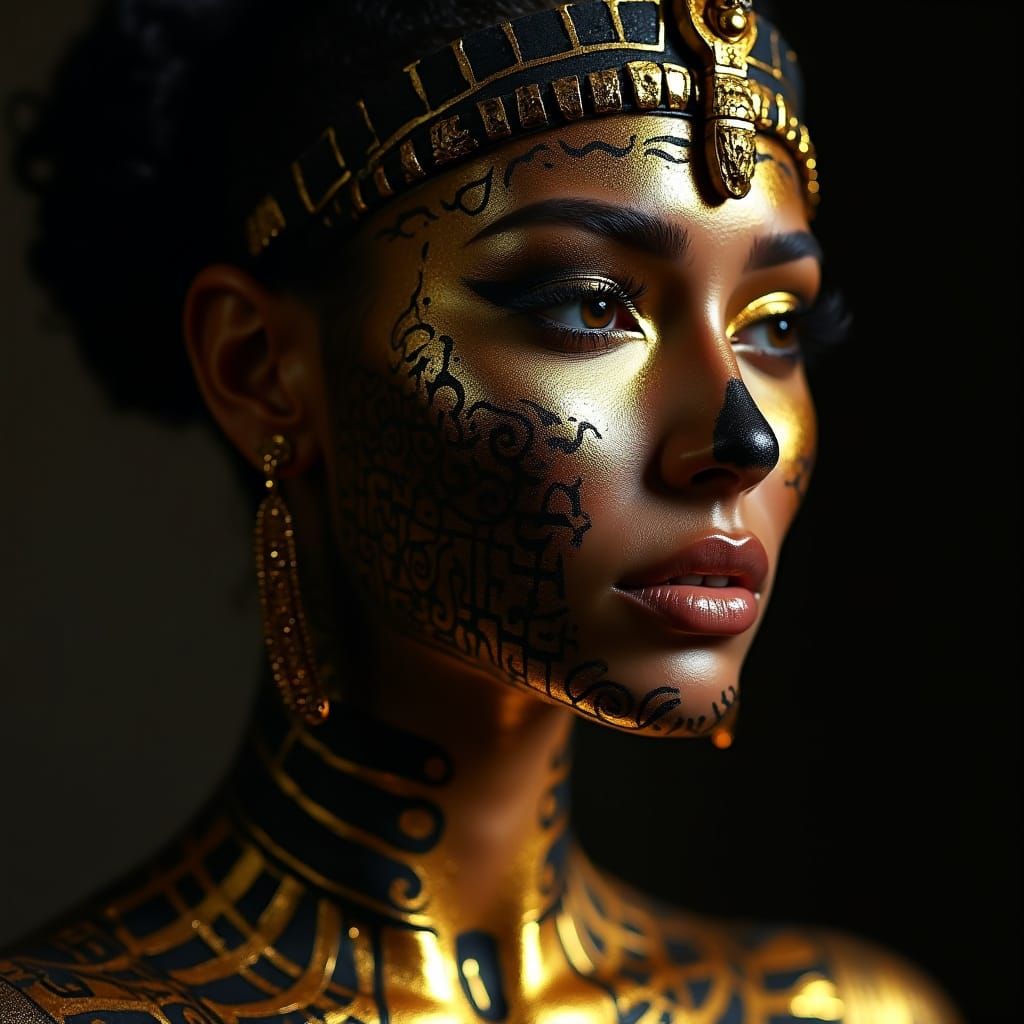Elegant Woman in Gold Egyptian Hieroglyphic Body Paint