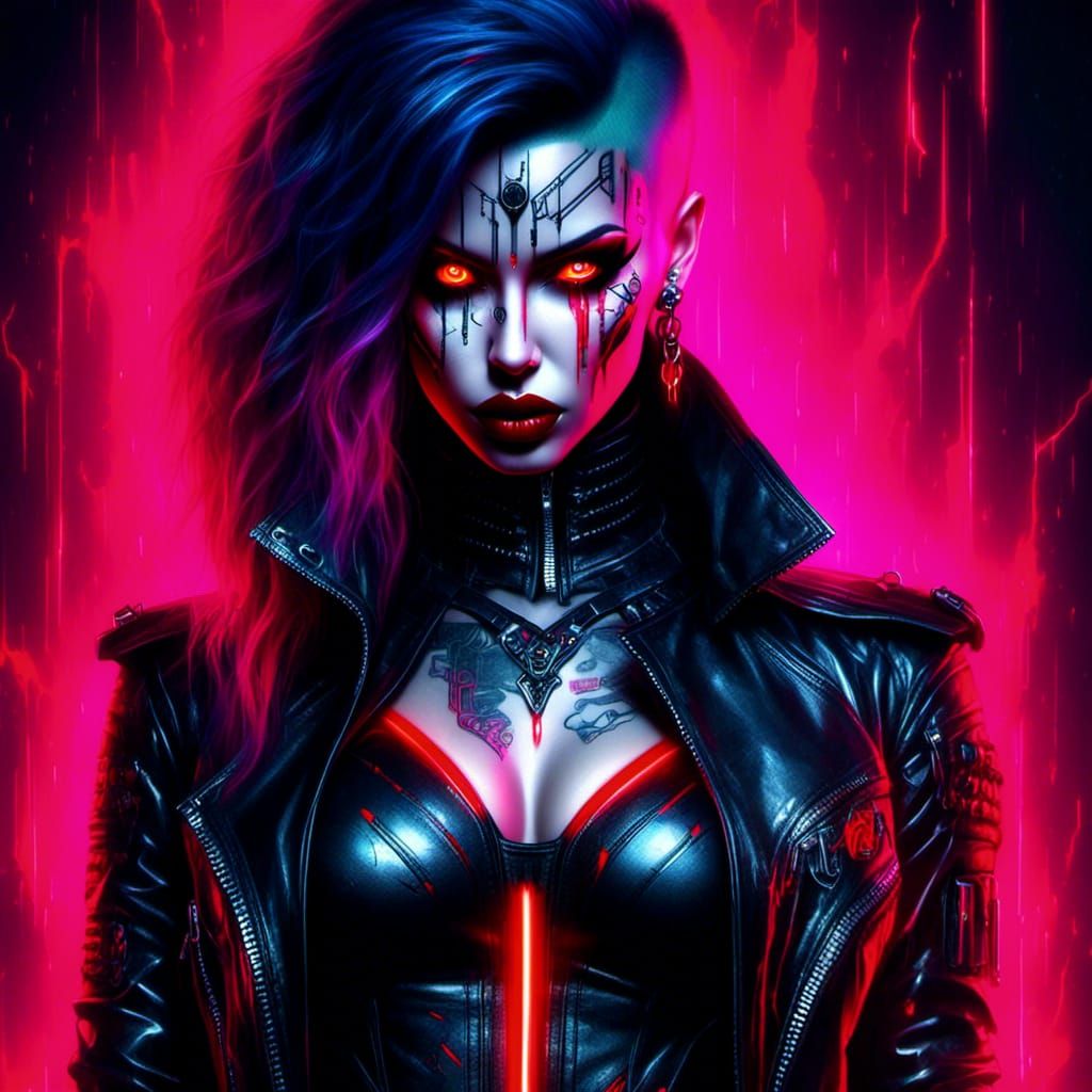 Cyberpunk Vampire Woman with Neon Bat