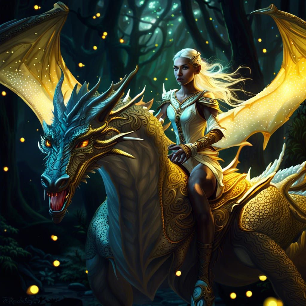 Artemis the dragon riding through a haunted forest with an elfin princess