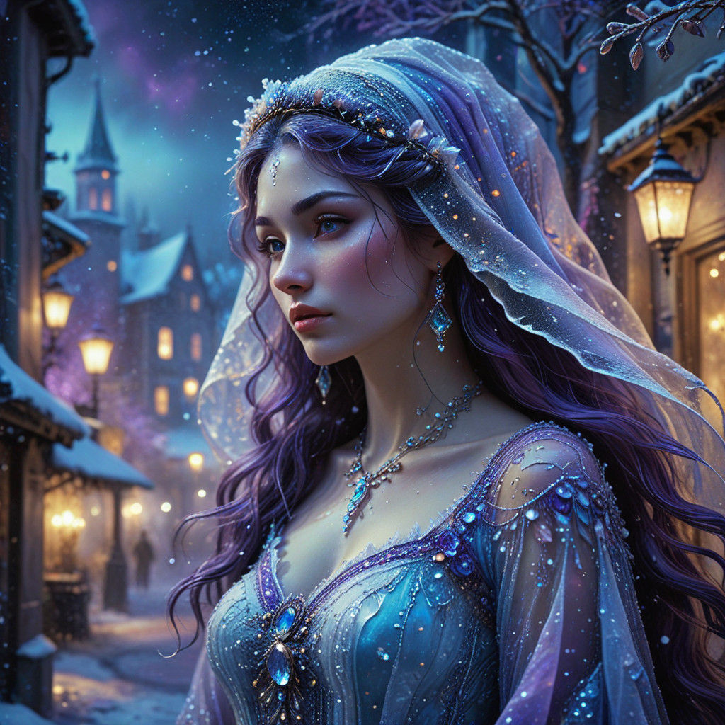Ethereal Snow Maiden in Whimsical Fantasy Scene