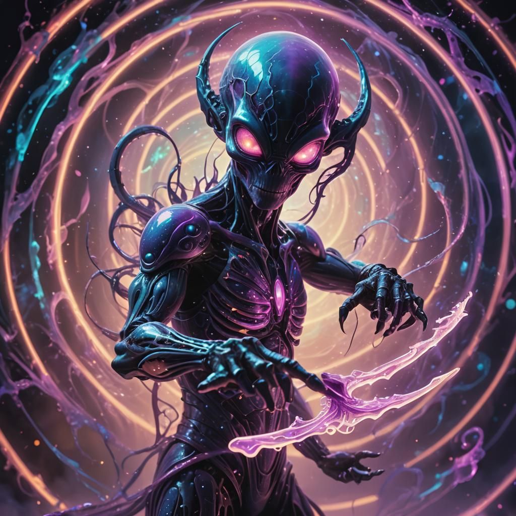 Alien Wielding Glowing Weapon in Neon Mist