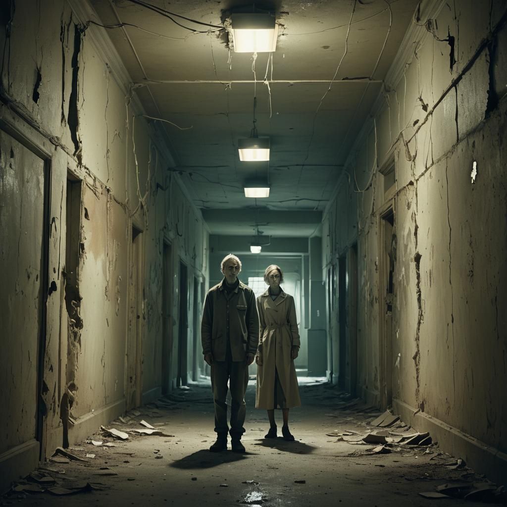 Surreal Abandoned Hallway in Dim Light