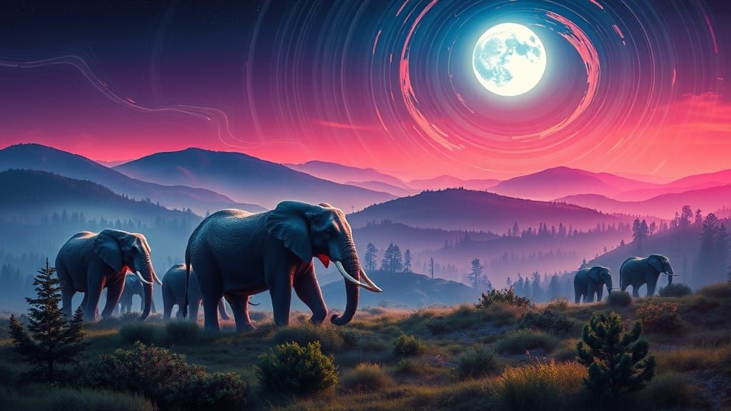 Surreal Elephants Dance Under Glowing Moonlit Forest