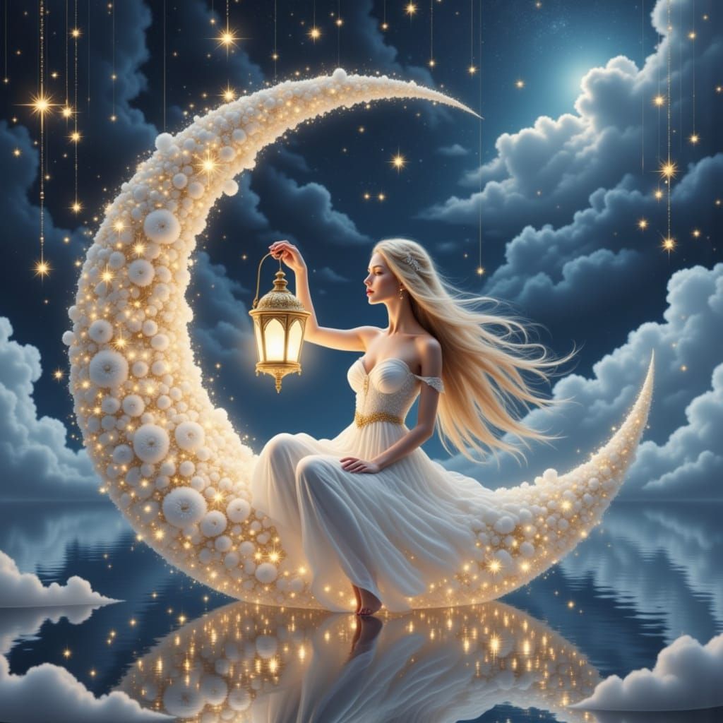 Woman on Glowing Crescent Boat in Starry Night