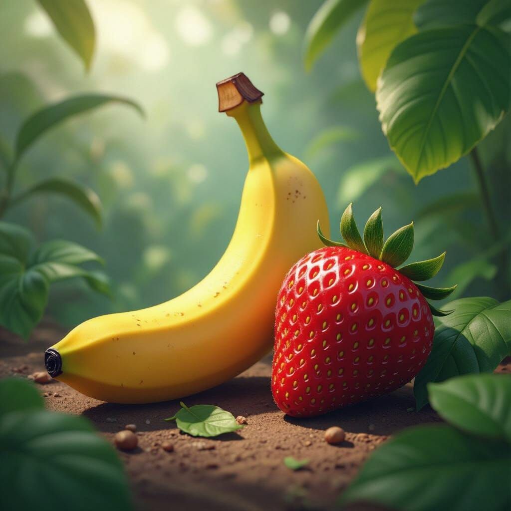 Vibrant Banana and Strawberry in Detailed Matte Painting