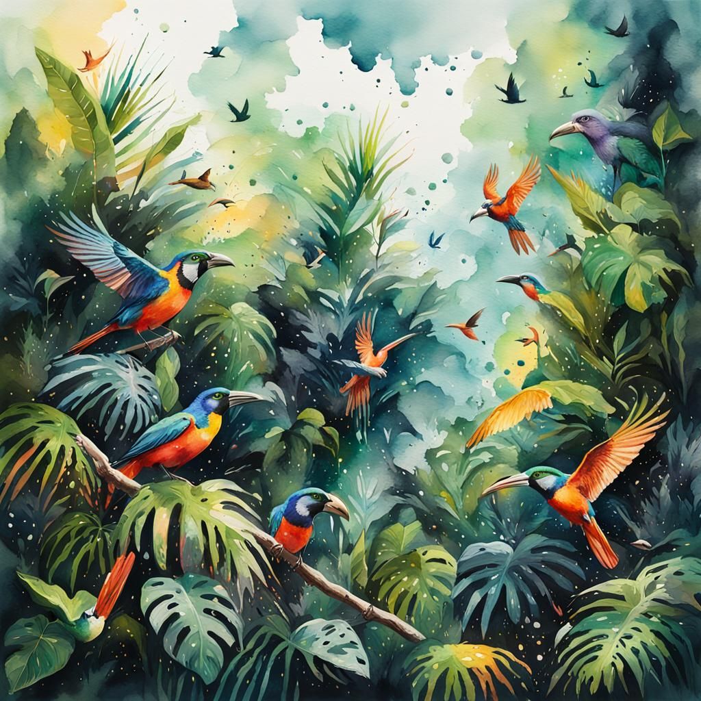 Watercolor Tropical Rainforest with Colorful Birds