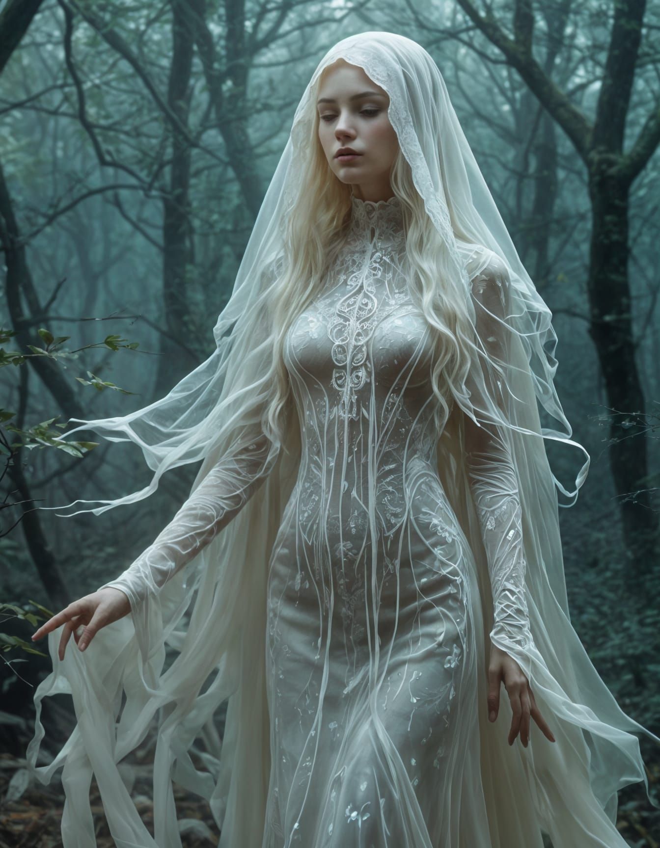 Ethereal Ghost Goddess in Misty Forest: Fantasycore Art