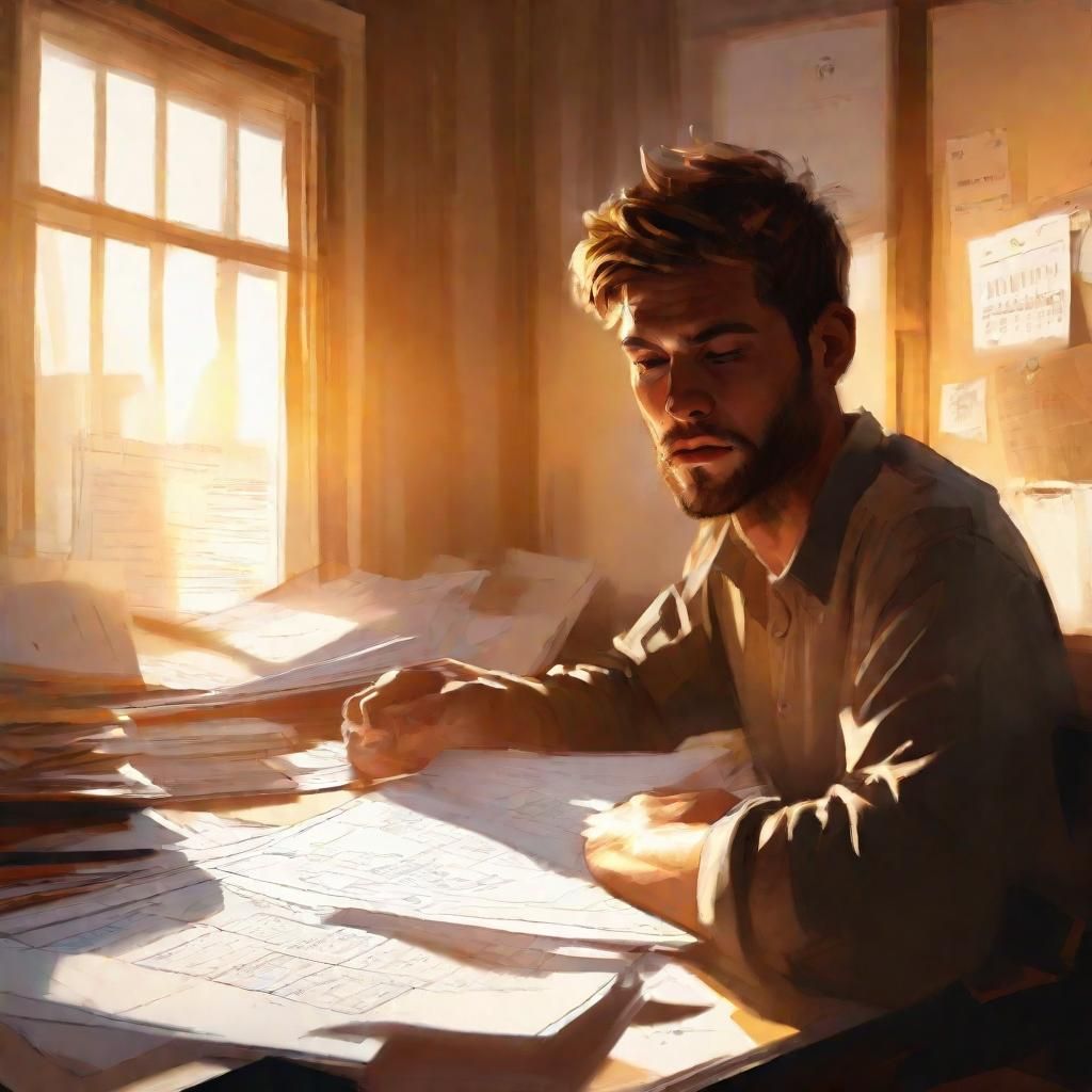 Person at Desk Surrounded by Calendars: Concept Art