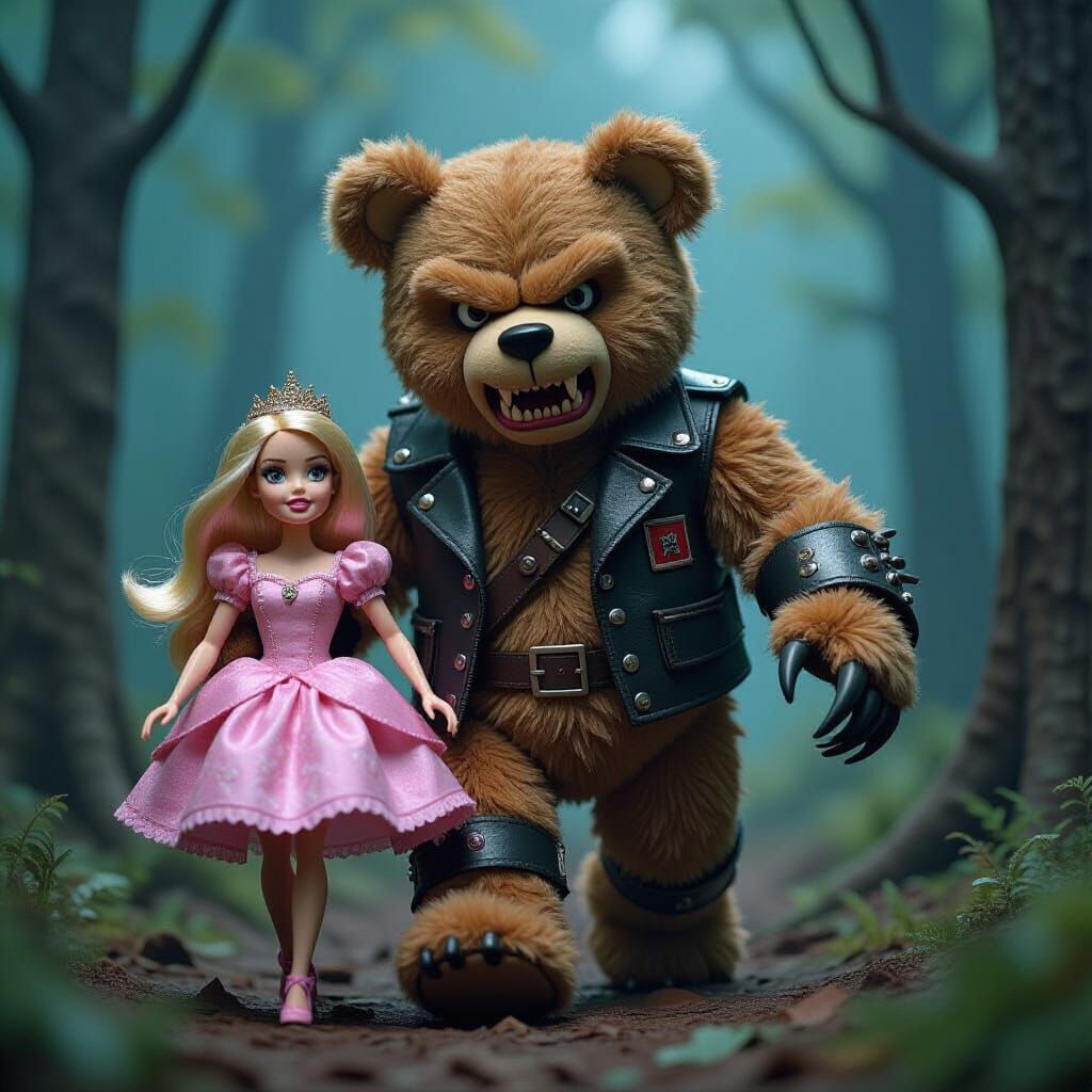 Angry Teddy Bear with Barbie in Dark Cardboard Forest