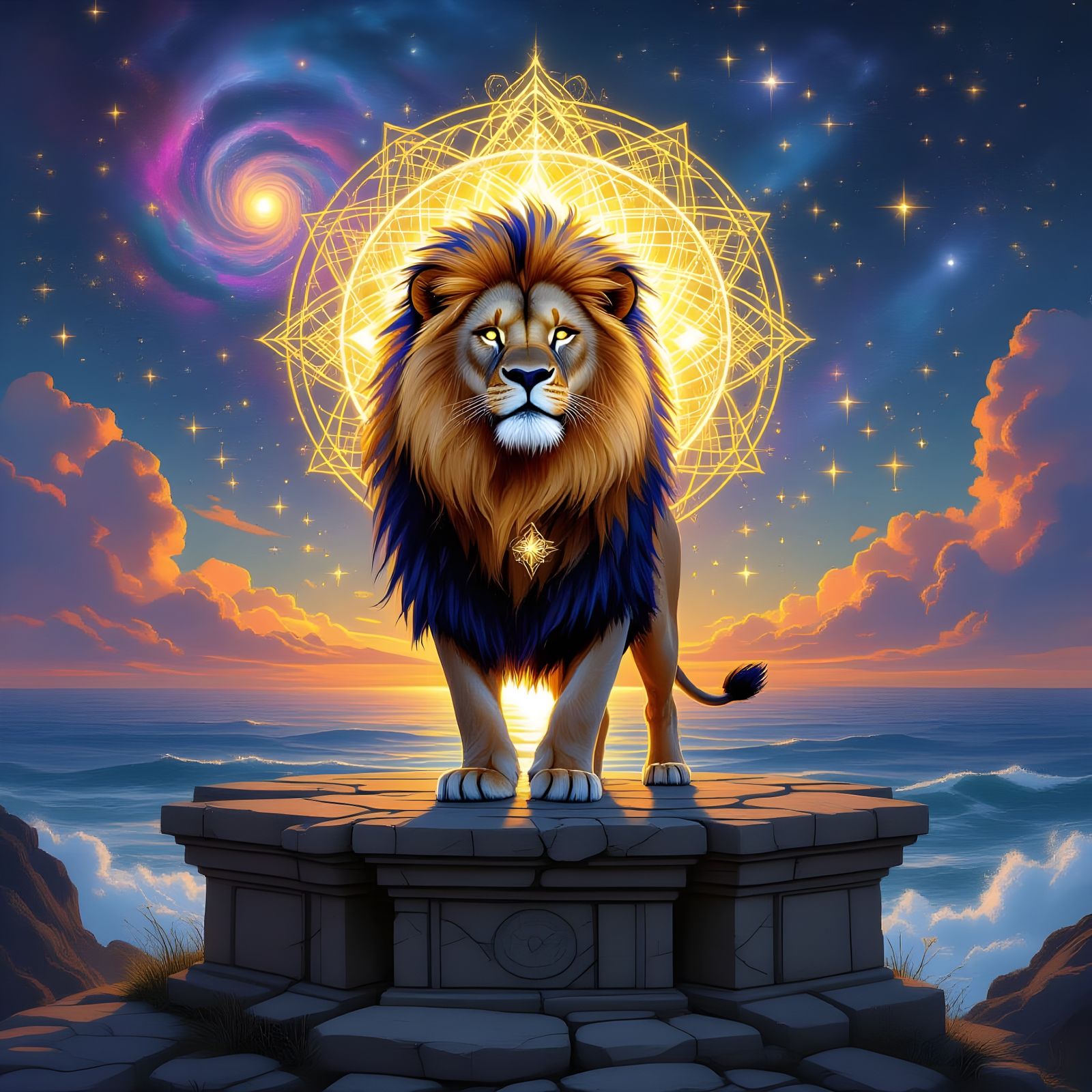 Cosmic Lion with Starlight Mane and Sacred Geometry