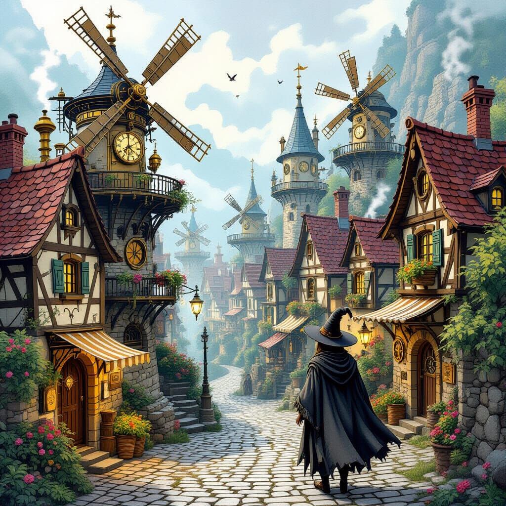 Steampunk Village with Clockwork Wonders and Floating Garden...