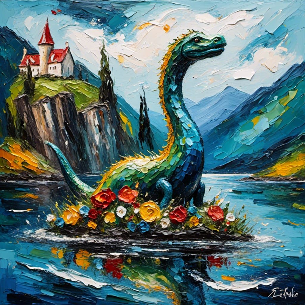 Nessie Emerges from Loch Ness: An Impressionistic Oil Painti...