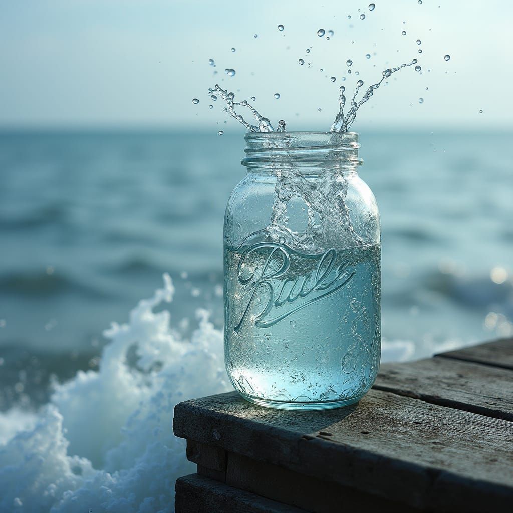 Glass Jar on Weathered Dock's Edge, with Water Splashing int...