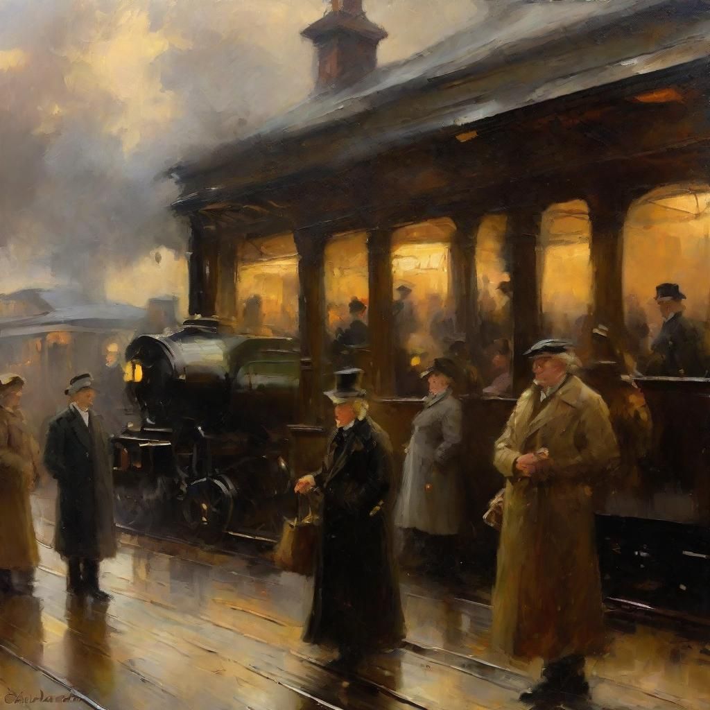 Bustling 18th Century Railway Station as Oil Painting