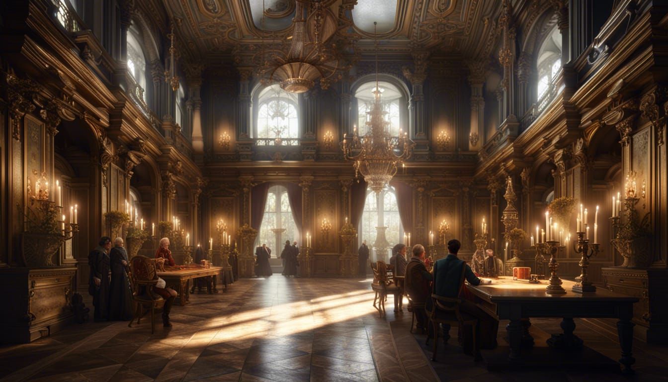 Baroque Palace Interior with Courtiers, Detailed Fantasy Art