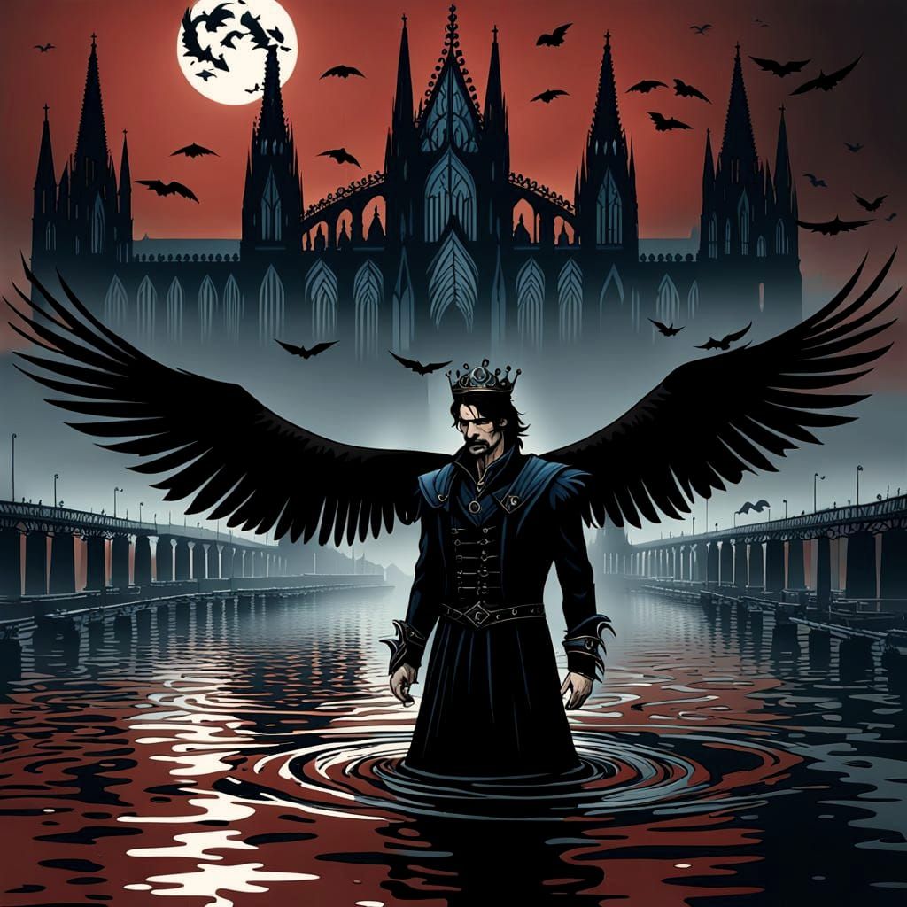 Dystopian Cologne Germany with Gothic Figure, Oil Painting