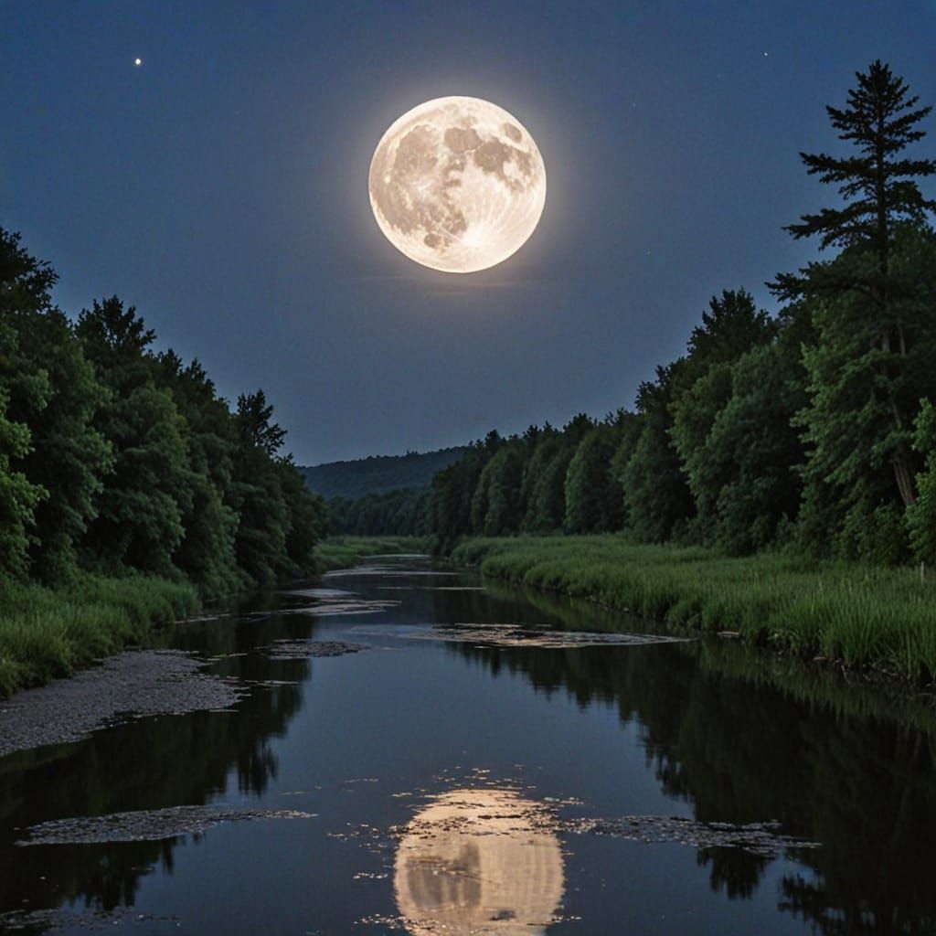 River Illuminated Under Full Moonlight