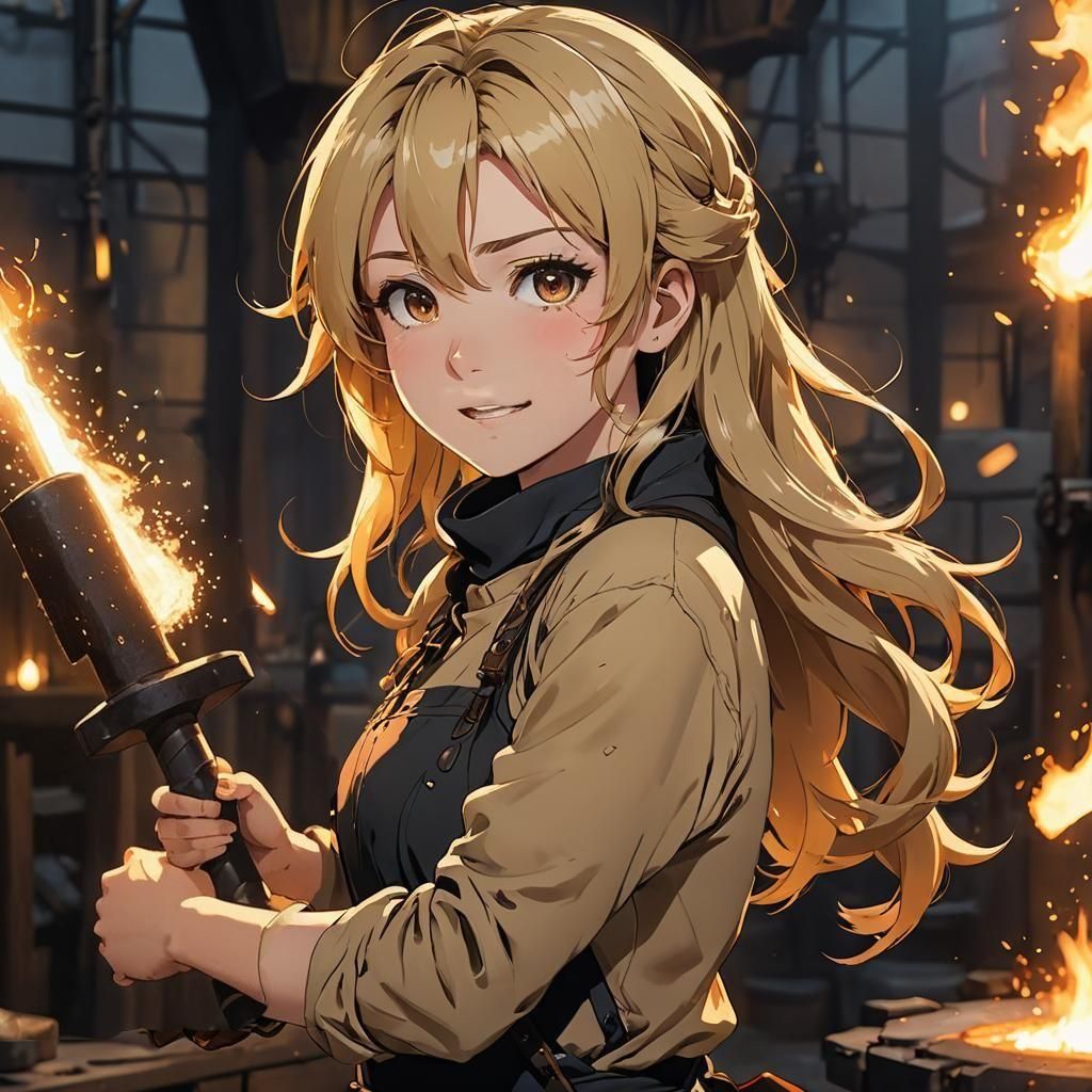 Carefree Blacksmith Girl in Anime Style