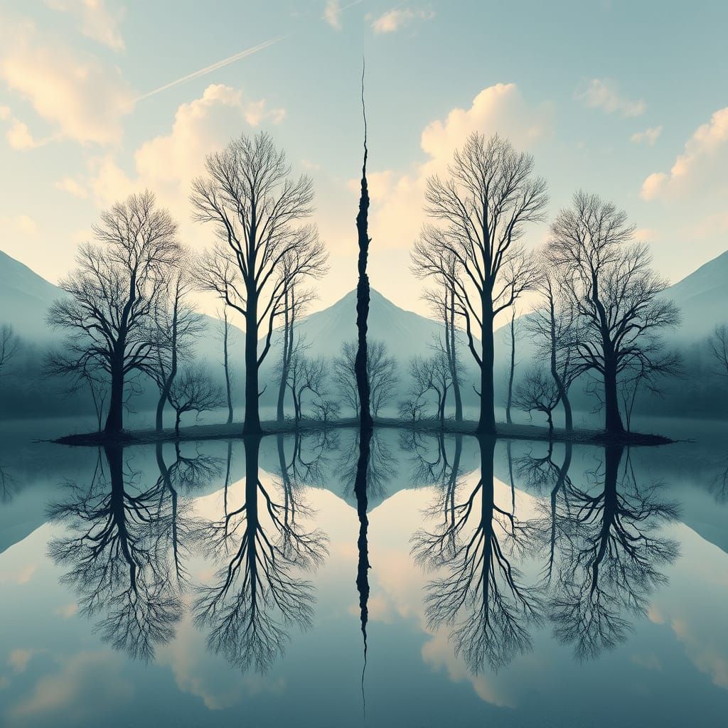 Mirrored Landscape Reflecting Symmetrical Trees in Digital A...