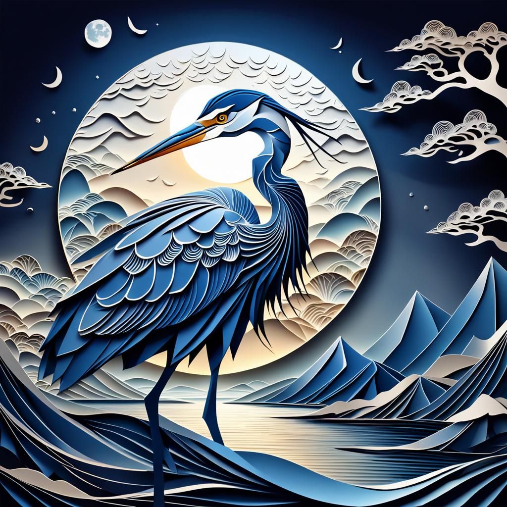 Kirigami Heron with Rising Moon