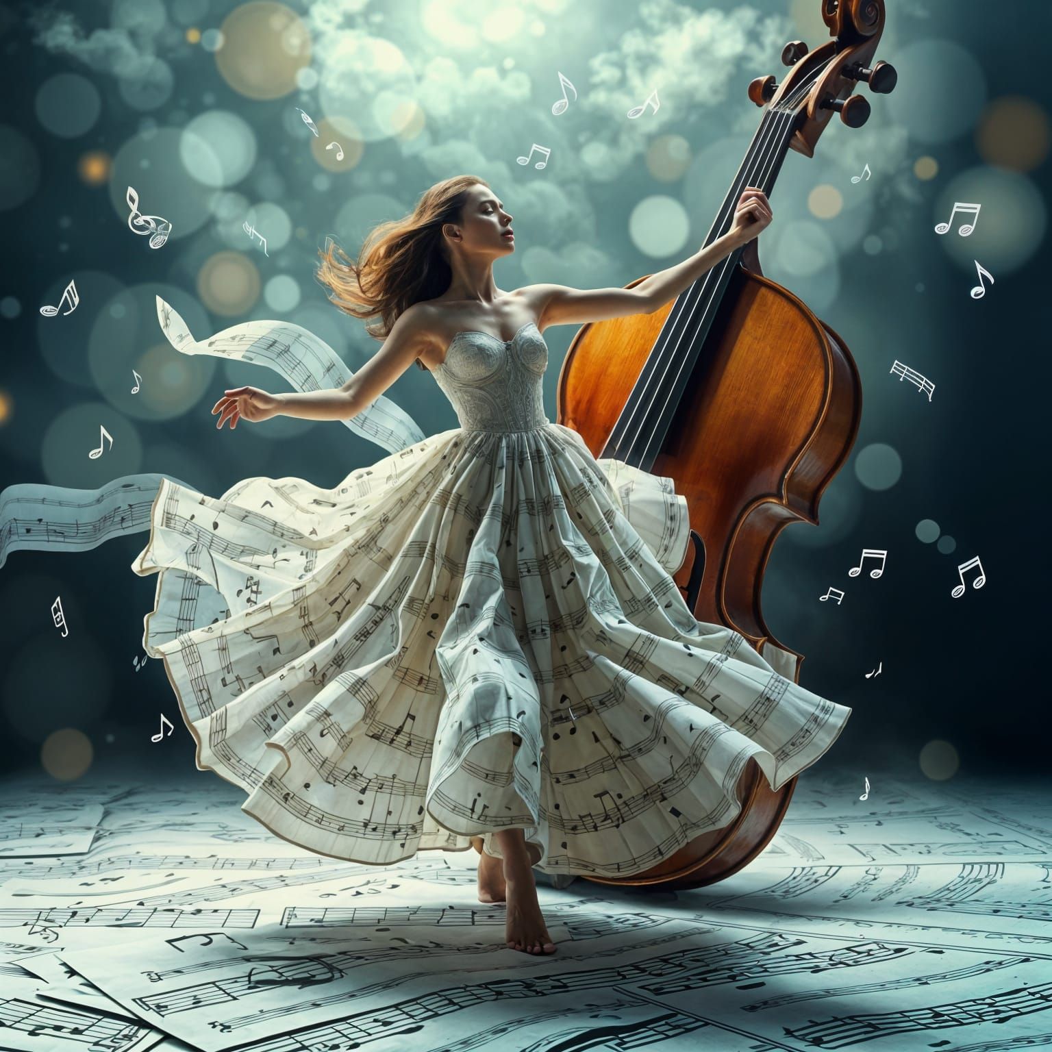 Dreamlike Woman Dancing with Musical Notes