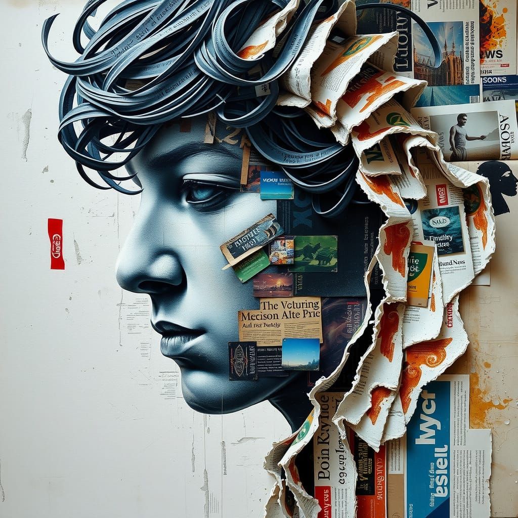 Human Profile Emerges from Torn Newspaper Collage