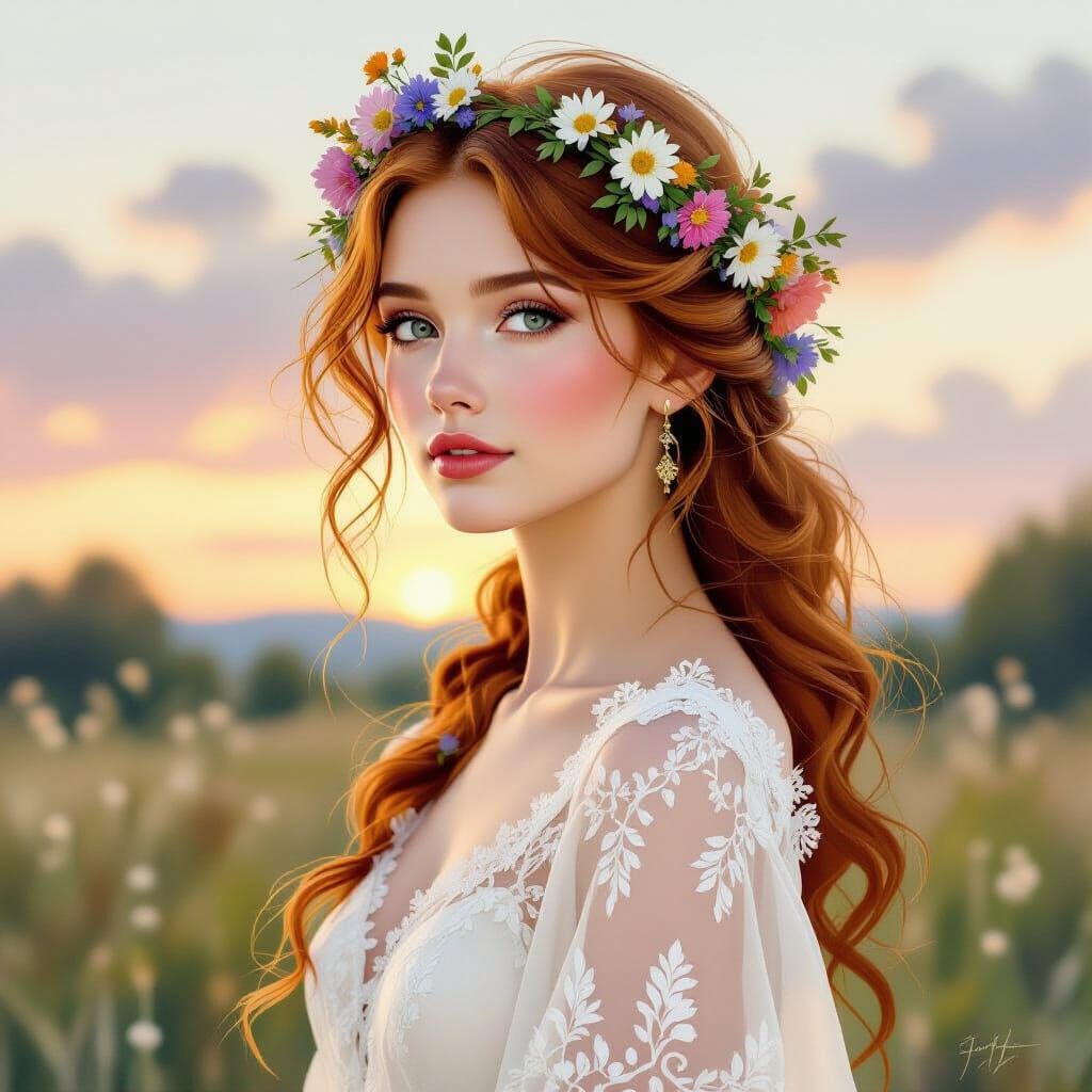 Auburn Haired Woman with Flower Crown in Watercolor Style