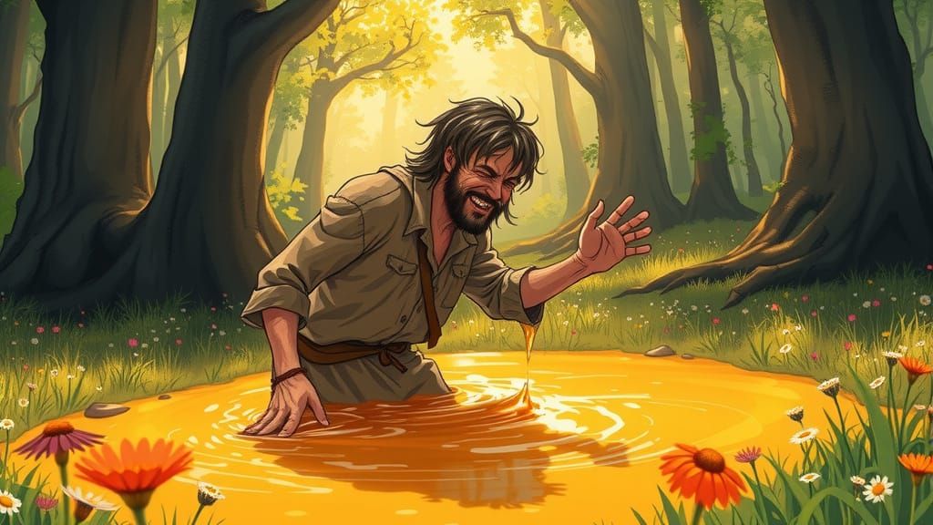 Man Stuck in Honey Puddle in Whimsical Forest Scene