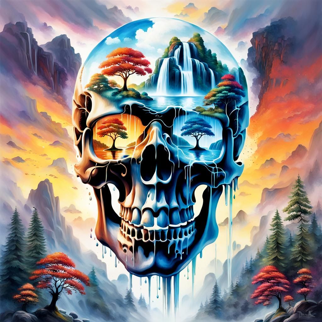 Skull Double Exposure with Waterfalls, Hyperrealistic Art