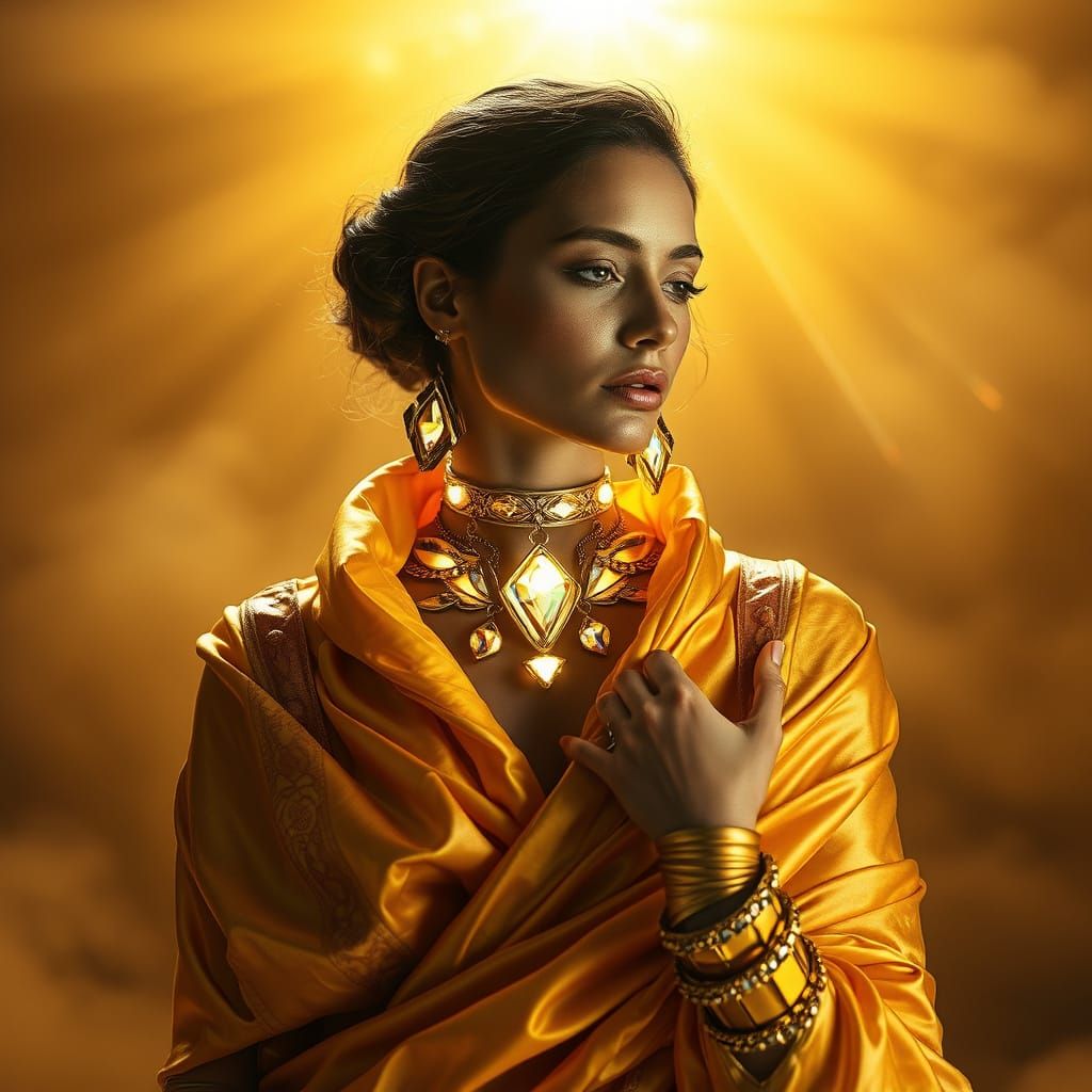 Luminous Woman in Gold: Surreal Editorial Photography