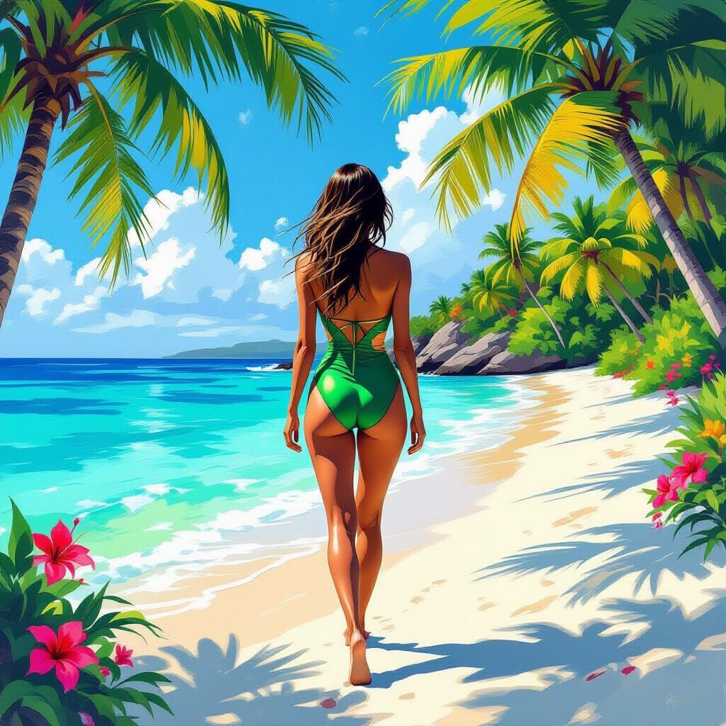 Fantasy Oil Painting: Woman on Tropical Beach