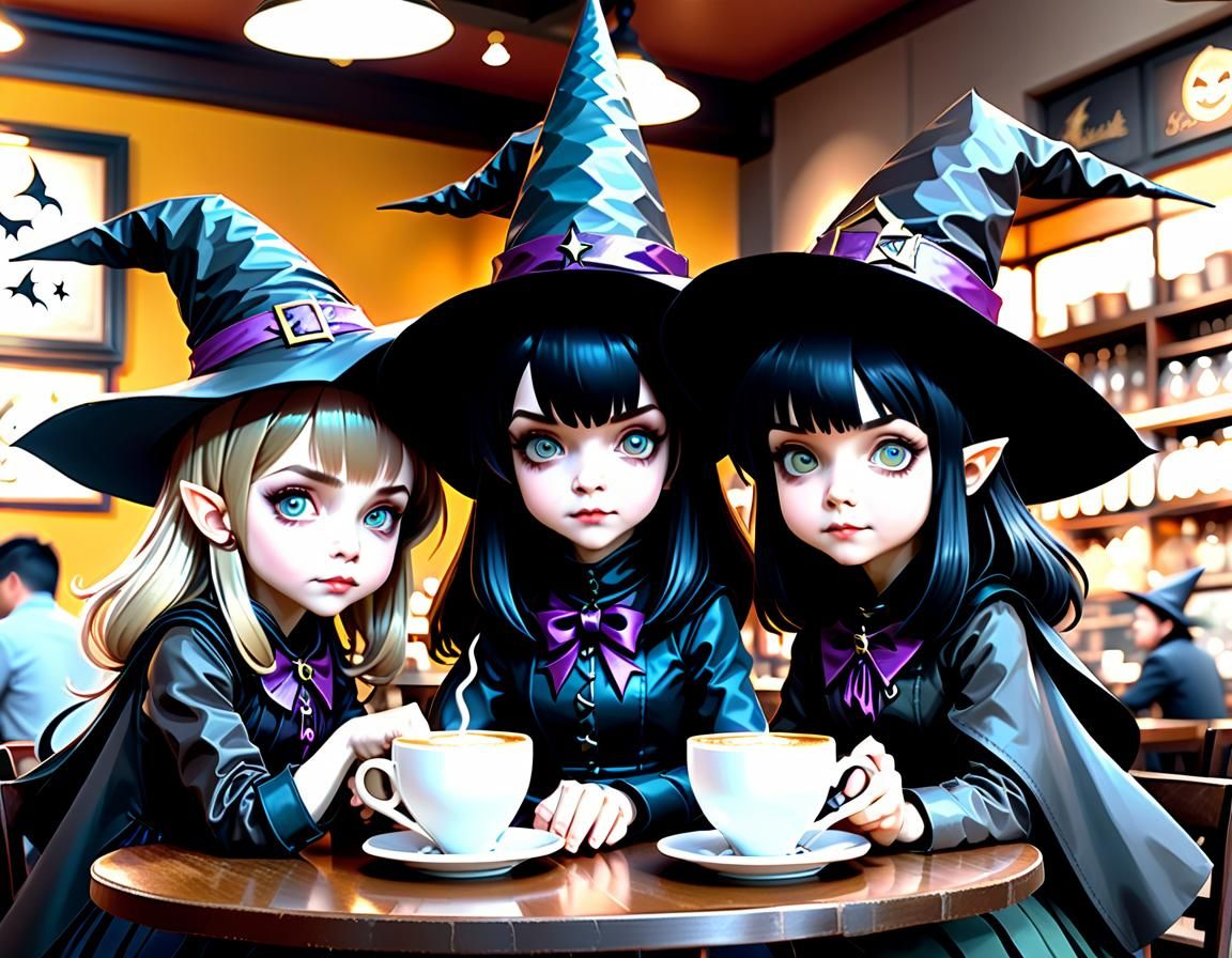 Cute Witches Convene in Coffee Shop Illustration