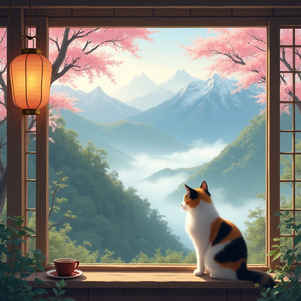 Serene Cat Cafe in Misty Mountains with Calico Cat