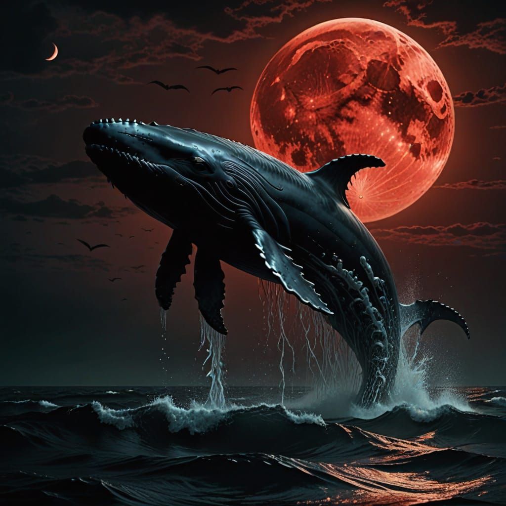 Gigeresque Whale Breaks Surface Under Blood Moon