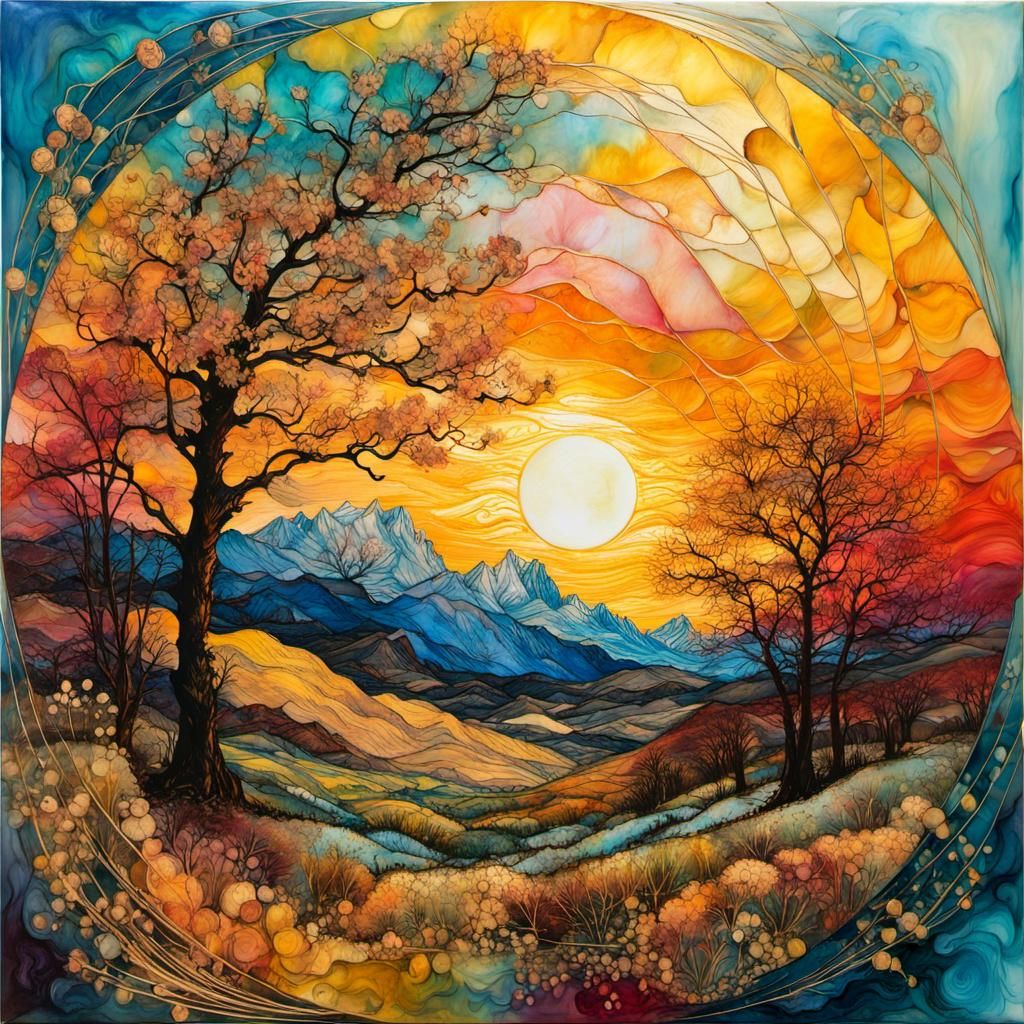 Chaotic Encaustic Sunset Inspired by Van Gogh