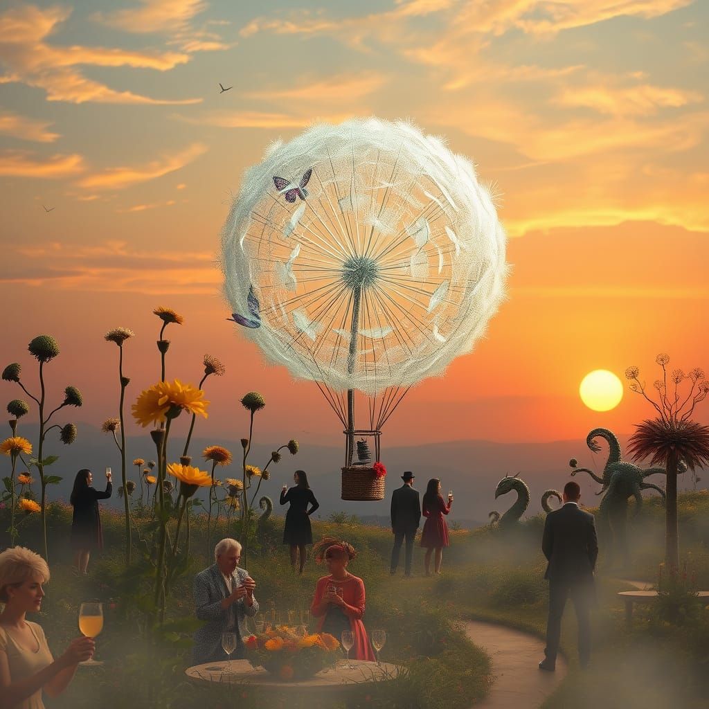 Ethereal Dandelion Hot Air Balloon at Sunset
