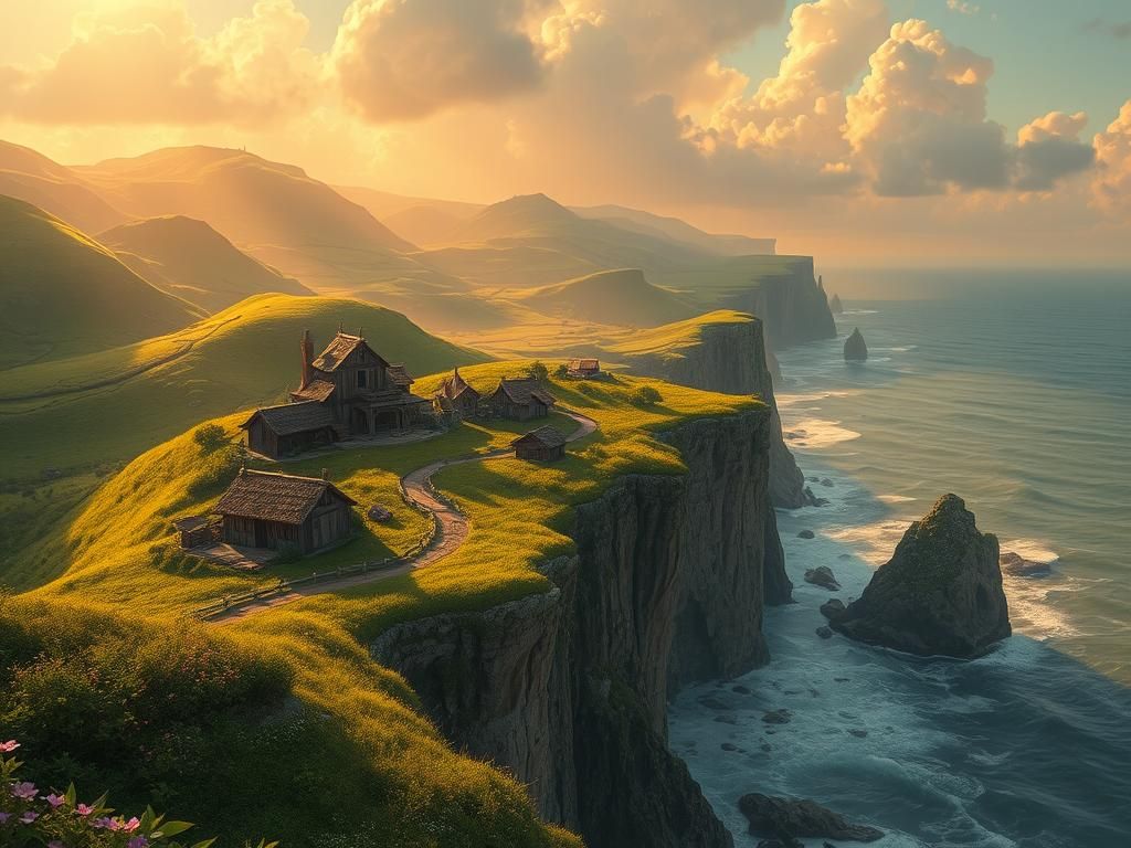 Cliffside Fantasy Village at Sunset, Digital Painting