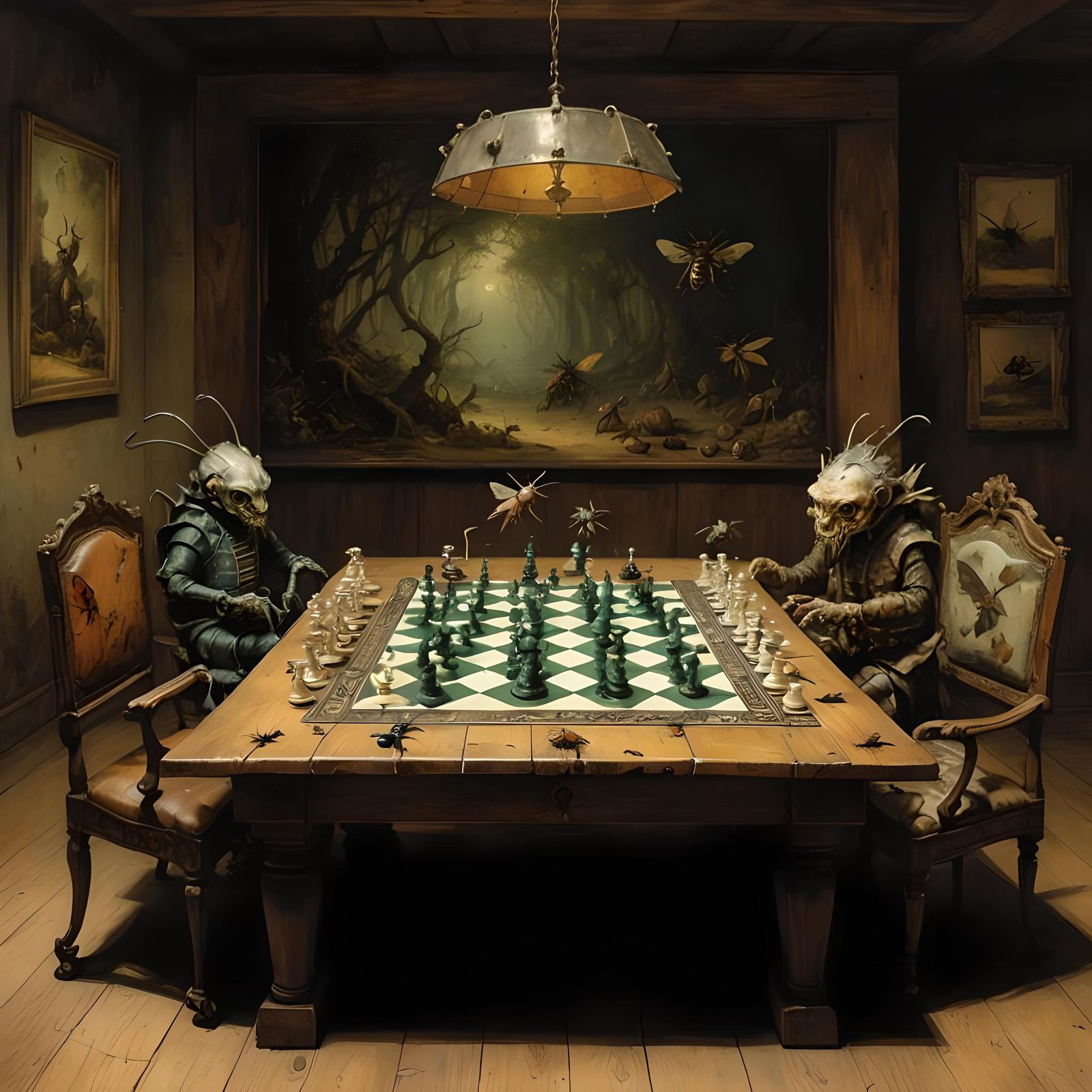 Insects Playing Chess on Oak Table, Surreal Art