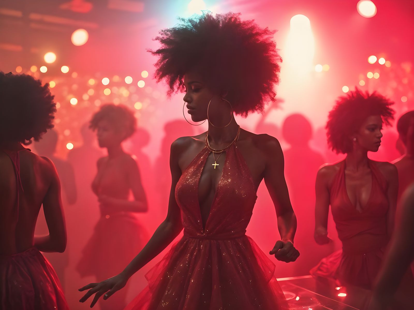 Vibrant 1970s Night Club Scene with a Beautiful Woman