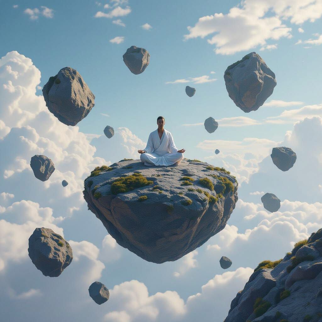 Serene Meditation on Floating Rocks in Fantasy Landscape