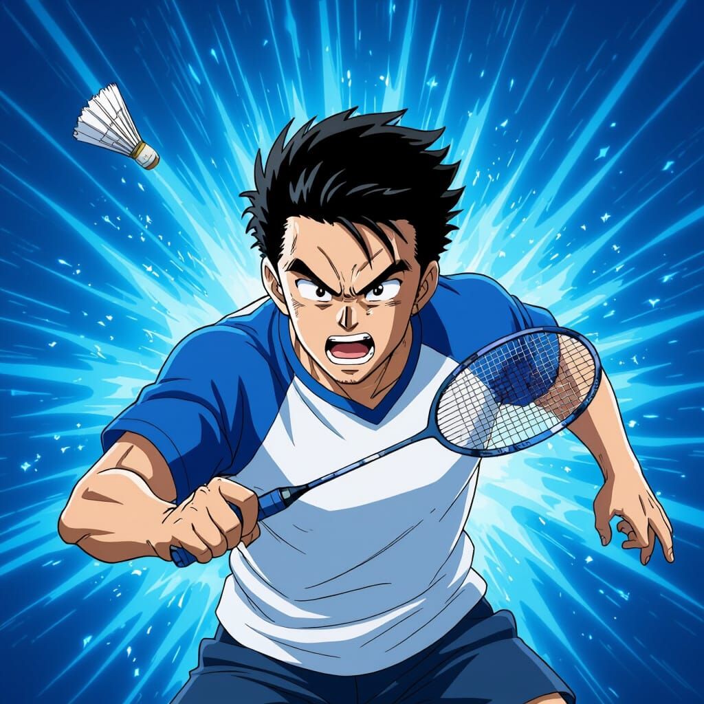 Energetic Aged Man Playing Badminton in Anime Style