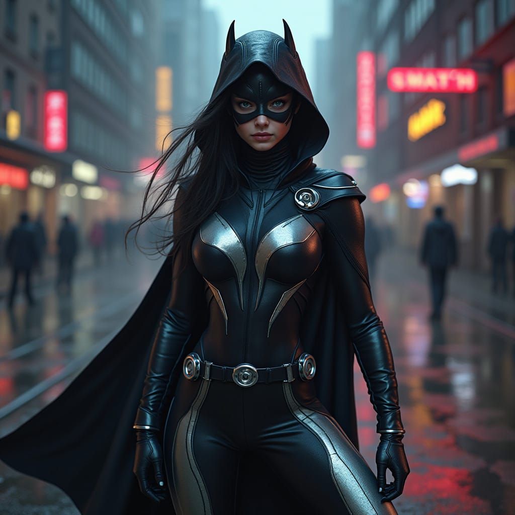Hyperrealistic Female Superhero in Gritty Dystopian Cityscap...