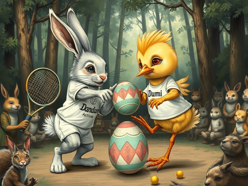 Bunny and Chick Tennis Match in Forest Arena