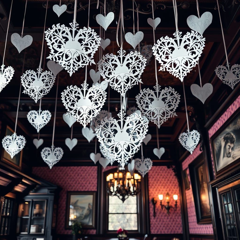 Whimsical Gothic Paper Hearts Adorn Victorian Pub