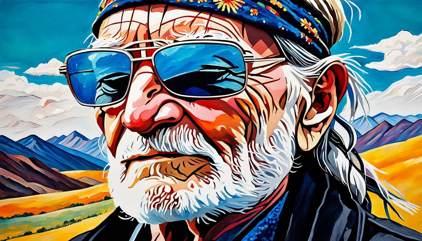 Willie Nelson Portrait in Watercolor Pop Art Style
