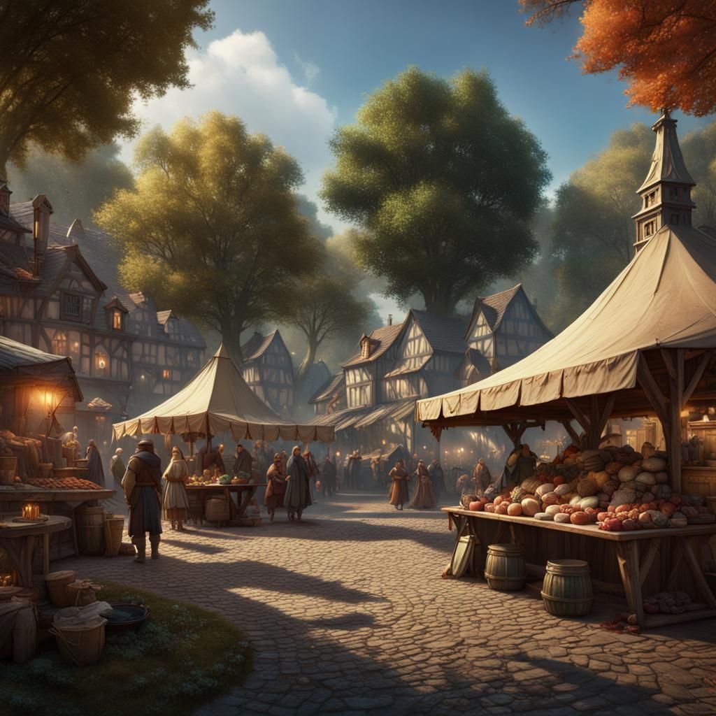 Woodland Village Market Square in Detailed Matte Painting